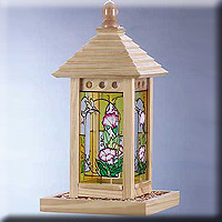 WOOD AND PAINTED GLASS BIRDFEEDER