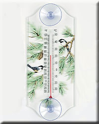 CHICKADEE PINE WINDOW THERMOMETER